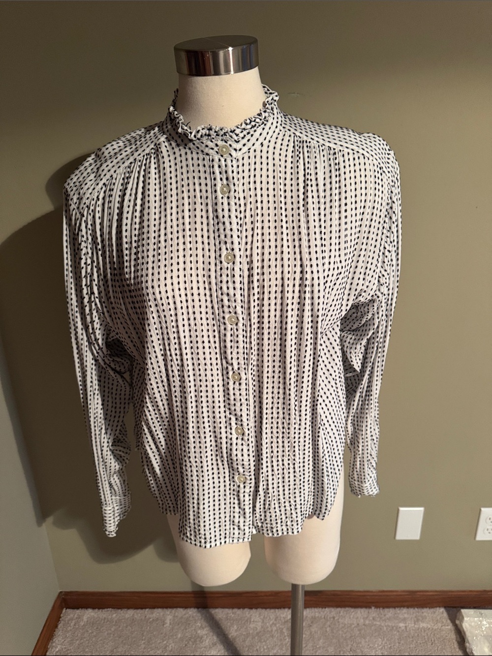 LOFT Black and White Dot-Stripe Ruffle Collar Button-Down
